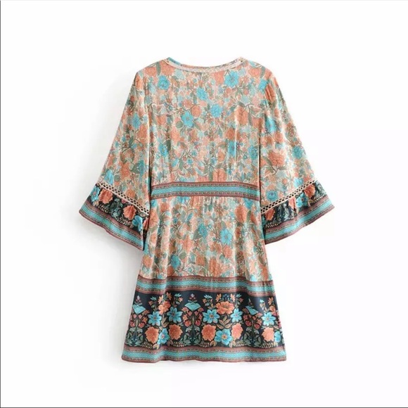 Kimono Sleeve Boho Floral Gypsy Print Dress V Neck - Picture 3 of 4
